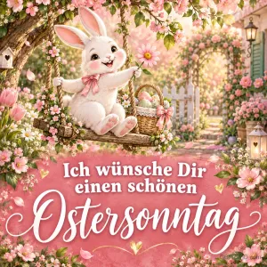 Weißes Häschen mit Blume schaukelt mit einem Eierkorb in einem rosa blühenden Garten, darunter "Ich wünsche Dir einen schönen Ostersonntag".