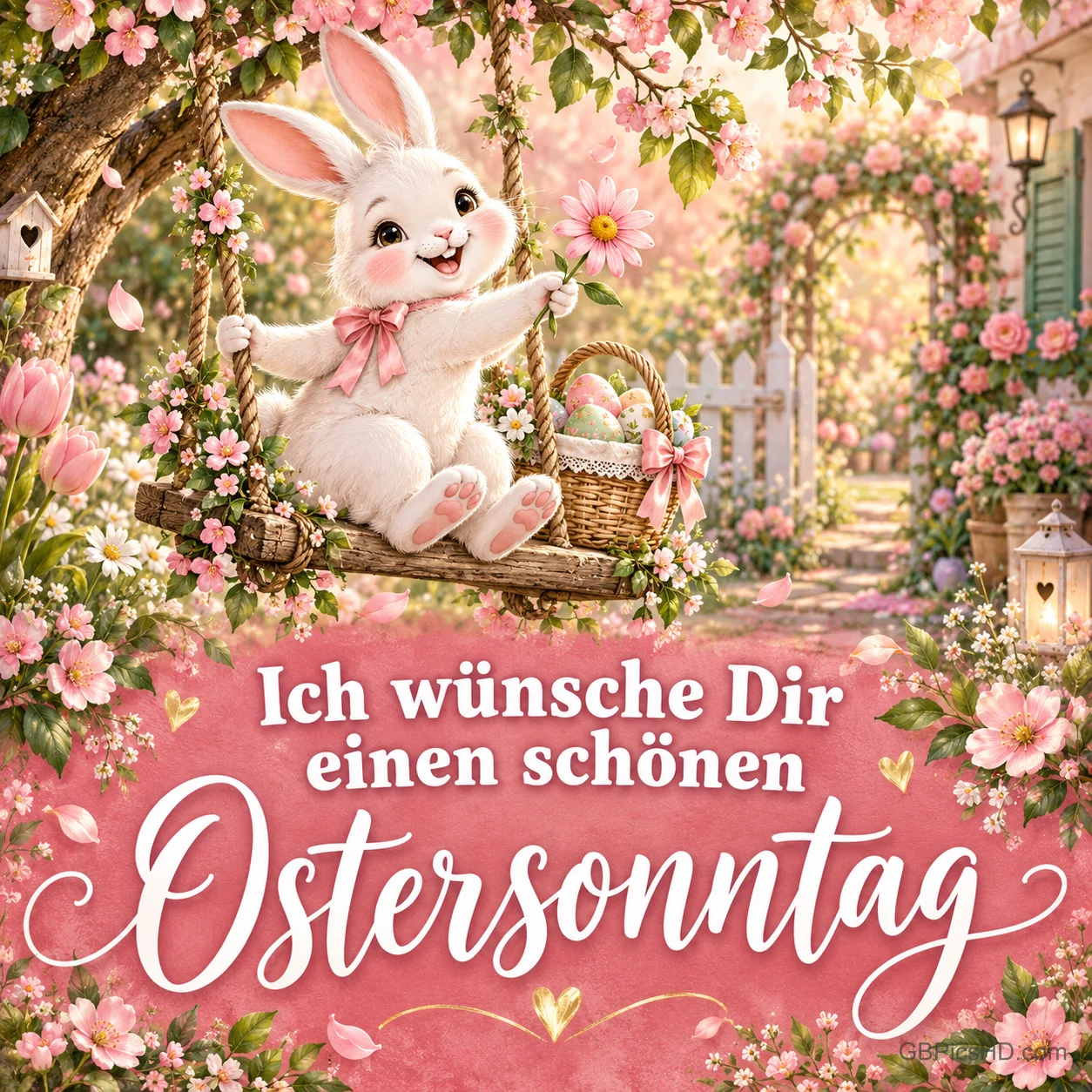 Weißes Häschen mit Blume schaukelt mit einem Eierkorb in einem rosa blühenden Garten, darunter "Ich wünsche Dir einen schönen Ostersonntag". Weißes Häschen mit Blume schaukelt mit einem Eierkorb in einem rosa blühenden Garten, darunter "Ich wünsche Dir einen schönen Ostersonntag".