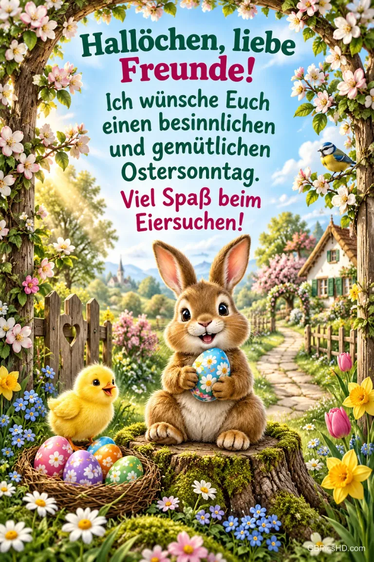 Osterhase mit bemaltem Ei sitzt auf einem Baumstumpf neben einem Küken und einem Eiernest im Frühlingsgarten, darüber "Hallöchen, liebe Freunde! Ich wünsche Euch einen besinnlichen und gemütlichen Ostersonntag. Viel Spaß beim Eiersuchen!"