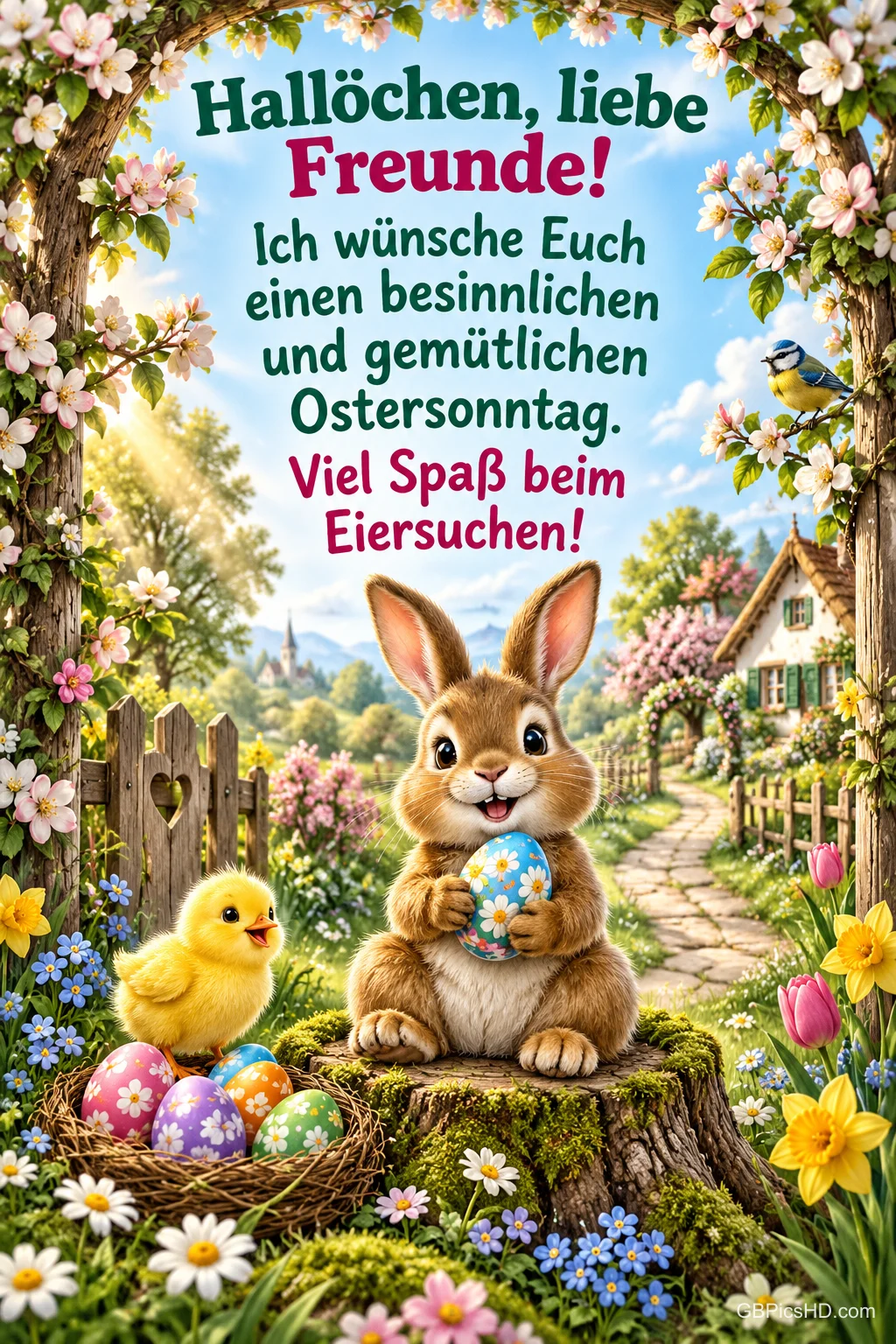Osterhase mit bemaltem Ei sitzt auf einem Baumstumpf neben einem Küken und einem Eiernest im Frühlingsgarten, darüber "Hallöchen, liebe Freunde! Ich wünsche Euch einen besinnlichen und gemütlichen Ostersonntag. Viel Spaß beim Eiersuchen!" Osterhase mit bemaltem Ei sitzt auf einem Baumstumpf neben einem Küken und einem Eiernest im Frühlingsgarten, darüber "Hallöchen, liebe Freunde! Ich wünsche Euch einen besinnlichen und gemütlichen Ostersonntag. Viel Spaß beim Eiersuchen!"
