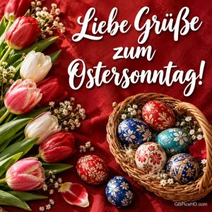 Rote, weiße und rosa Tulpen neben einem Korb mit kunstvoll bemalten Ostereiern auf rotem Stoff, dazu "Liebe Grüße zum Ostersonntag!"