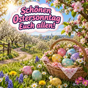 Korb mit bunten Ostereiern auf einer Blumenwiese unter blühenden Obstbäumen, darüber in einer Wolke der Gruß "Schönen Ostersonntag Euch allen!"