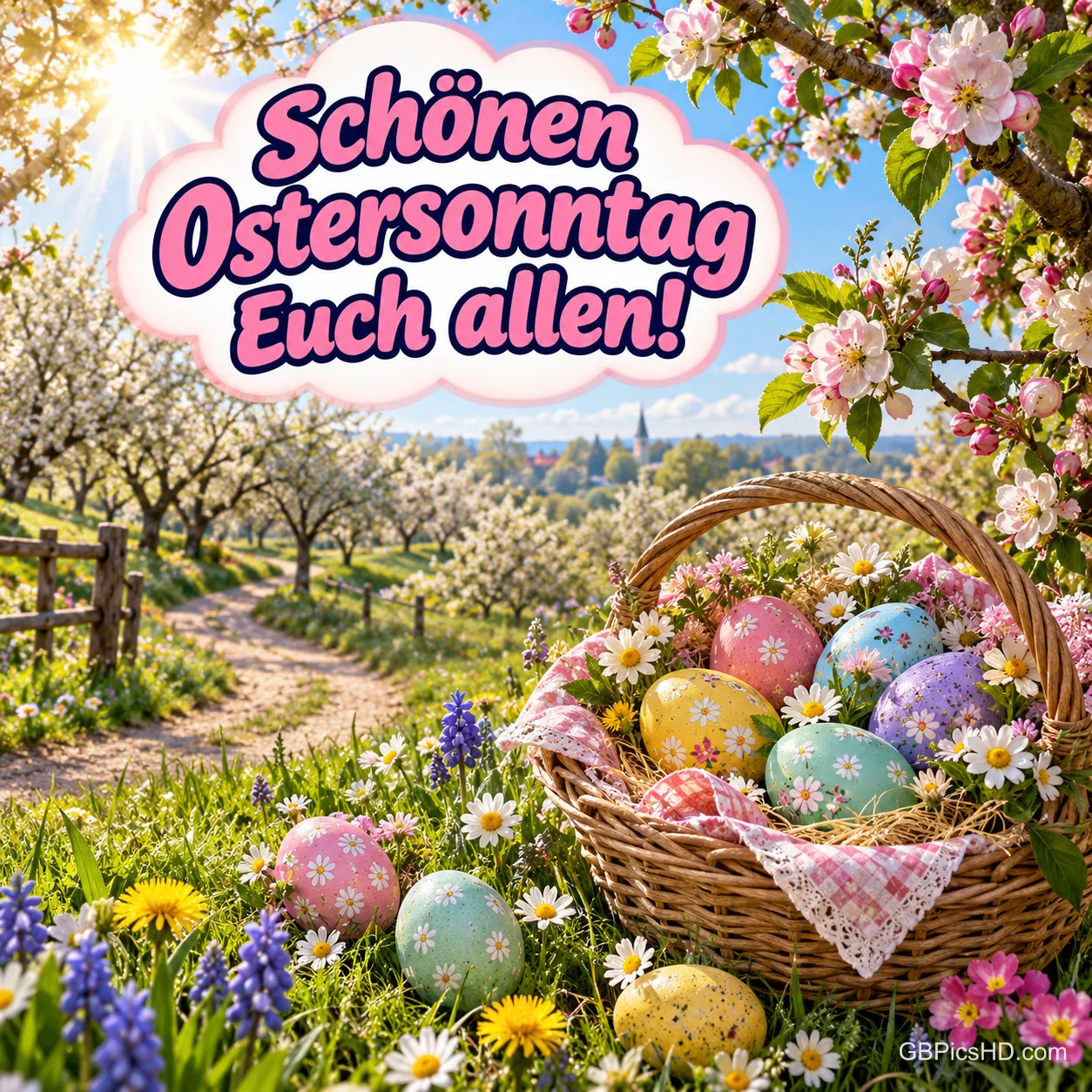 Korb mit bunten Ostereiern auf einer Blumenwiese unter blühenden Obstbäumen, darüber in einer Wolke der Gruß "Schönen Ostersonntag Euch allen!" Korb mit bunten Ostereiern auf einer Blumenwiese unter blühenden Obstbäumen, darüber in einer Wolke der Gruß "Schönen Ostersonntag Euch allen!"