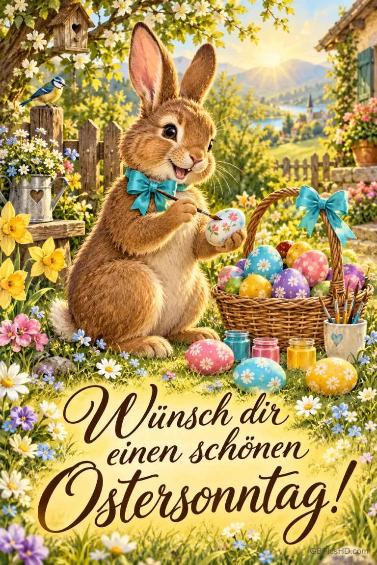 Osterhase mit türkiser Schleife bemalt Ostereier neben einem Korb und Farbtöpfen im sonnigen Garten, dazu "Wünsch dir einen schönen Ostersonntag!"