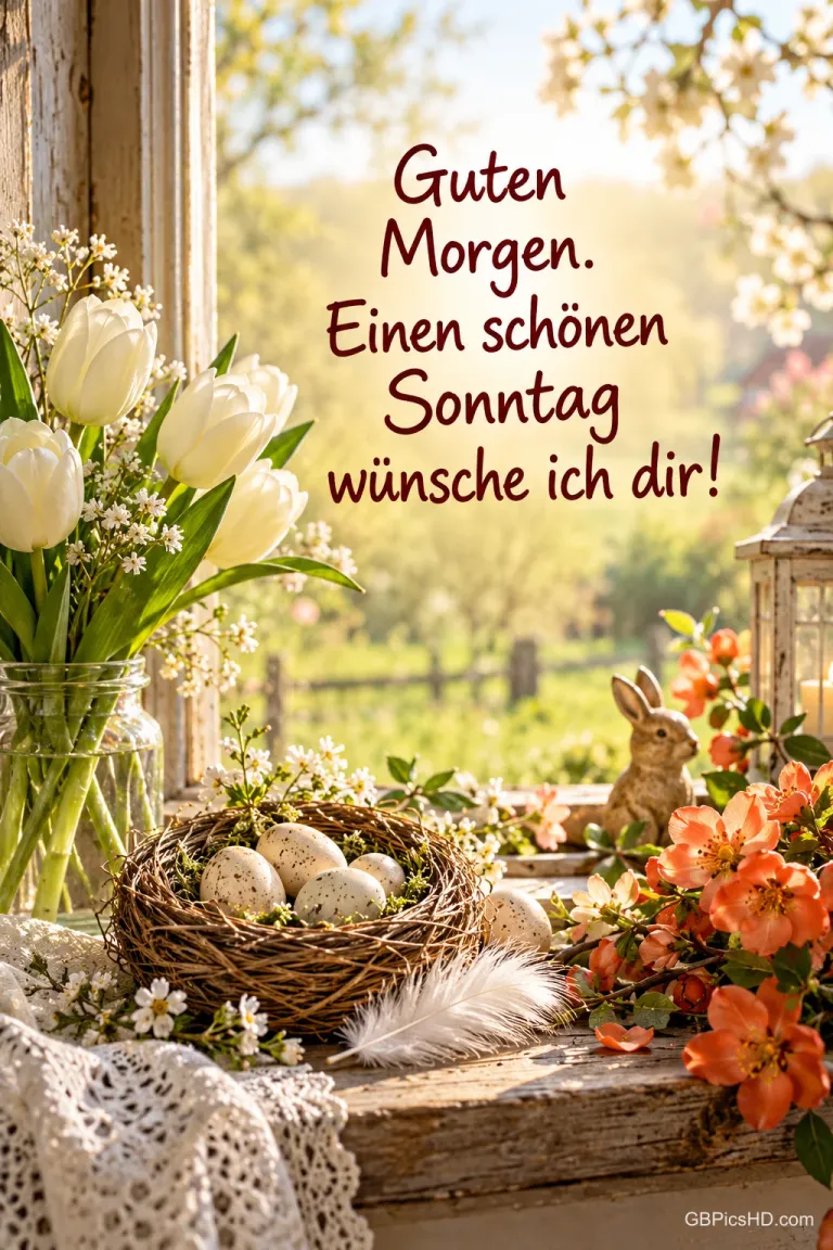 Nest mit gesprenkelten Eiern, weißer Feder, Tulpen und orangefarbenen Blüten auf einem Fensterbrett im Morgenlicht, dazu "Guten Morgen. Einen schönen Sonntag wünsche ich dir!"