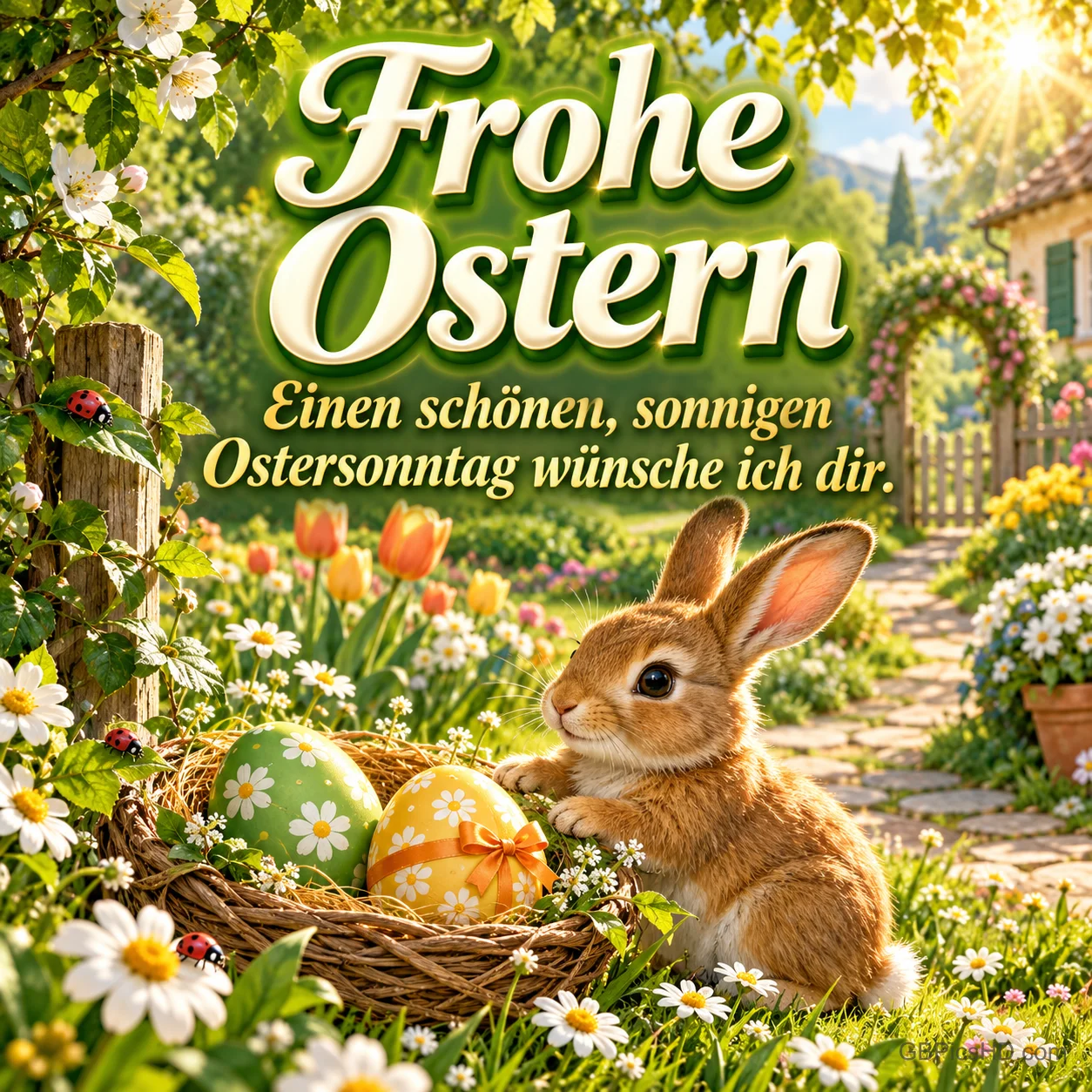 Ein Häschen sitzt im Frühlingsgarten an einem Nest mit bemalten Ostereiern, Gänseblümchen und Marienkäfern, dazu "Frohe Ostern – Einen schönen, sonnigen Ostersonntag wünsche ich dir.". Ein Häschen sitzt im Frühlingsgarten an einem Nest mit bemalten Ostereiern, Gänseblümchen und Marienkäfern, dazu "Frohe Ostern – Einen schönen, sonnigen Ostersonntag wünsche ich dir.".