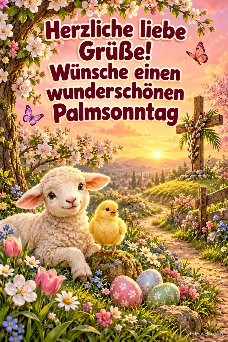 Lamm und Küken liegen zwischen Frühlingsblumen und Ostereiern, im Hintergrund ein mit Palmkätzchen geschmücktes Holzkreuz im Abendlicht, dazu "Herzliche liebe Grüße! Wünsche einen wunderschönen Palmsonntag".