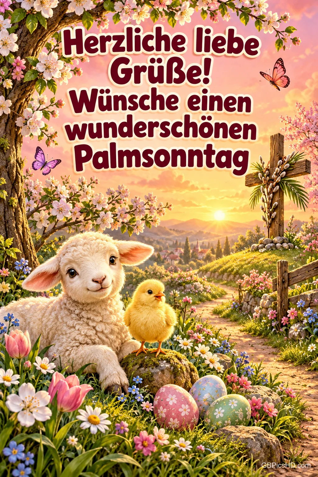 Lamm und Küken liegen zwischen Frühlingsblumen und Ostereiern, im Hintergrund ein mit Palmkätzchen geschmücktes Holzkreuz im Abendlicht, dazu "Herzliche liebe Grüße! Wünsche einen wunderschönen Palmsonntag". Lamm und Küken liegen zwischen Frühlingsblumen und Ostereiern, im Hintergrund ein mit Palmkätzchen geschmücktes Holzkreuz im Abendlicht, dazu "Herzliche liebe Grüße! Wünsche einen wunderschönen Palmsonntag".