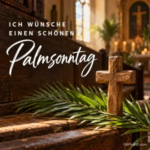 Rustikales Holzkreuz mit Palmzweigen auf einer Kirchenbank im warmen Licht einer Kirche, dazu der Gruß "Ich wünsche einen schönen Palmsonntag".