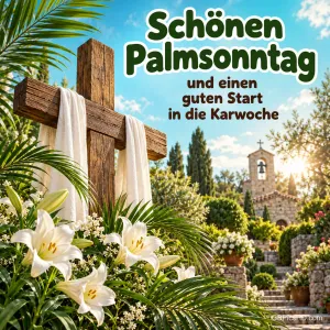 Holzkreuz mit weißem Tuch zwischen Lilien und Palmzweigen vor einer kleinen Kapelle, dazu "Schönen Palmsonntag und einen guten Start in die Karwoche".