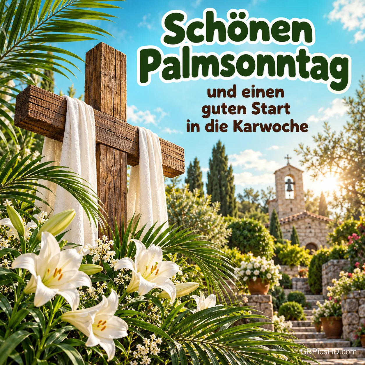 Holzkreuz mit weißem Tuch zwischen Lilien und Palmzweigen vor einer kleinen Kapelle, dazu "Schönen Palmsonntag und einen guten Start in die Karwoche". Holzkreuz mit weißem Tuch zwischen Lilien und Palmzweigen vor einer kleinen Kapelle, dazu "Schönen Palmsonntag und einen guten Start in die Karwoche".