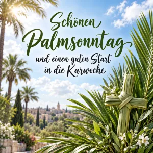 Geflochtenes Palmkreuz zwischen grünen Palmwedeln vor einer sonnigen Stadtlandschaft mit Palmen, dazu "Schönen Palmsonntag und einen guten Start in die Karwoche".