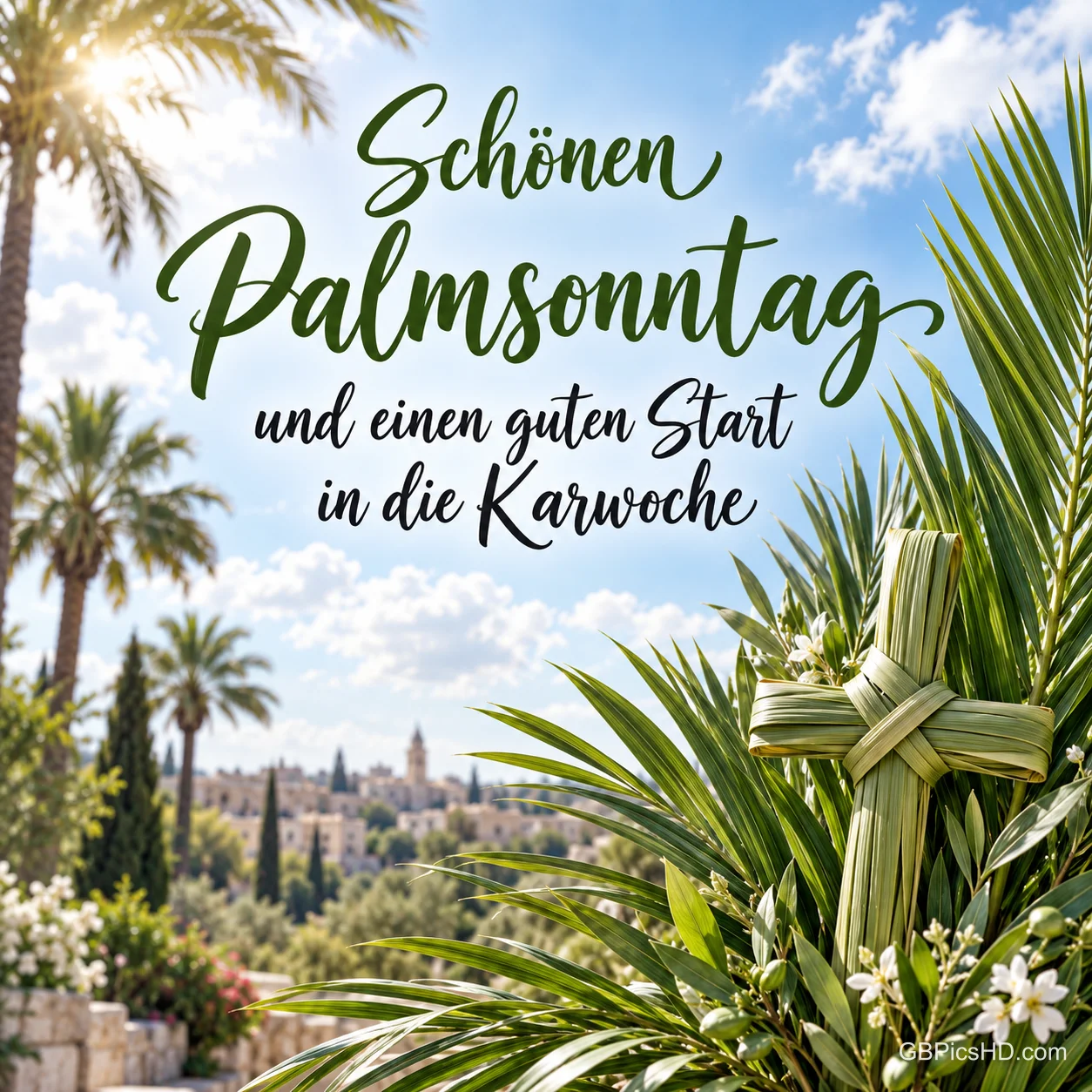 Geflochtenes Palmkreuz zwischen grünen Palmwedeln vor einer sonnigen Stadtlandschaft mit Palmen, dazu "Schönen Palmsonntag und einen guten Start in die Karwoche". Geflochtenes Palmkreuz zwischen grünen Palmwedeln vor einer sonnigen Stadtlandschaft mit Palmen, dazu "Schönen Palmsonntag und einen guten Start in die Karwoche".