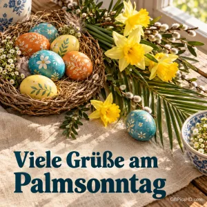 Nest mit bemalten Eiern, Narzissen, Palmkätzchen und Palmzweigen auf einem Leinentuch am Fenster, dazu "Viele Grüße am Palmsonntag".