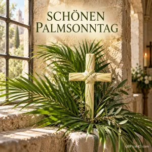 Kreuz aus geflochtenen Palmblättern in einer sonnigen Steinnische mit Palmzweigen, darüber in schlichten Großbuchstaben "Schönen Palmsonntag".