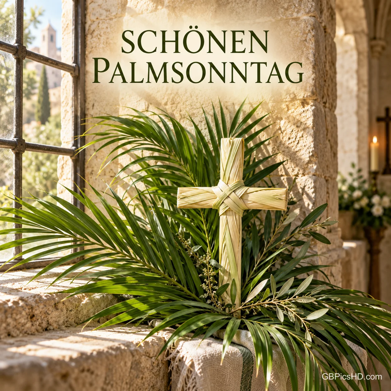 Kreuz aus geflochtenen Palmblättern in einer sonnigen Steinnische mit Palmzweigen, darüber in schlichten Großbuchstaben "Schönen Palmsonntag". Kreuz aus geflochtenen Palmblättern in einer sonnigen Steinnische mit Palmzweigen, darüber in schlichten Großbuchstaben "Schönen Palmsonntag".