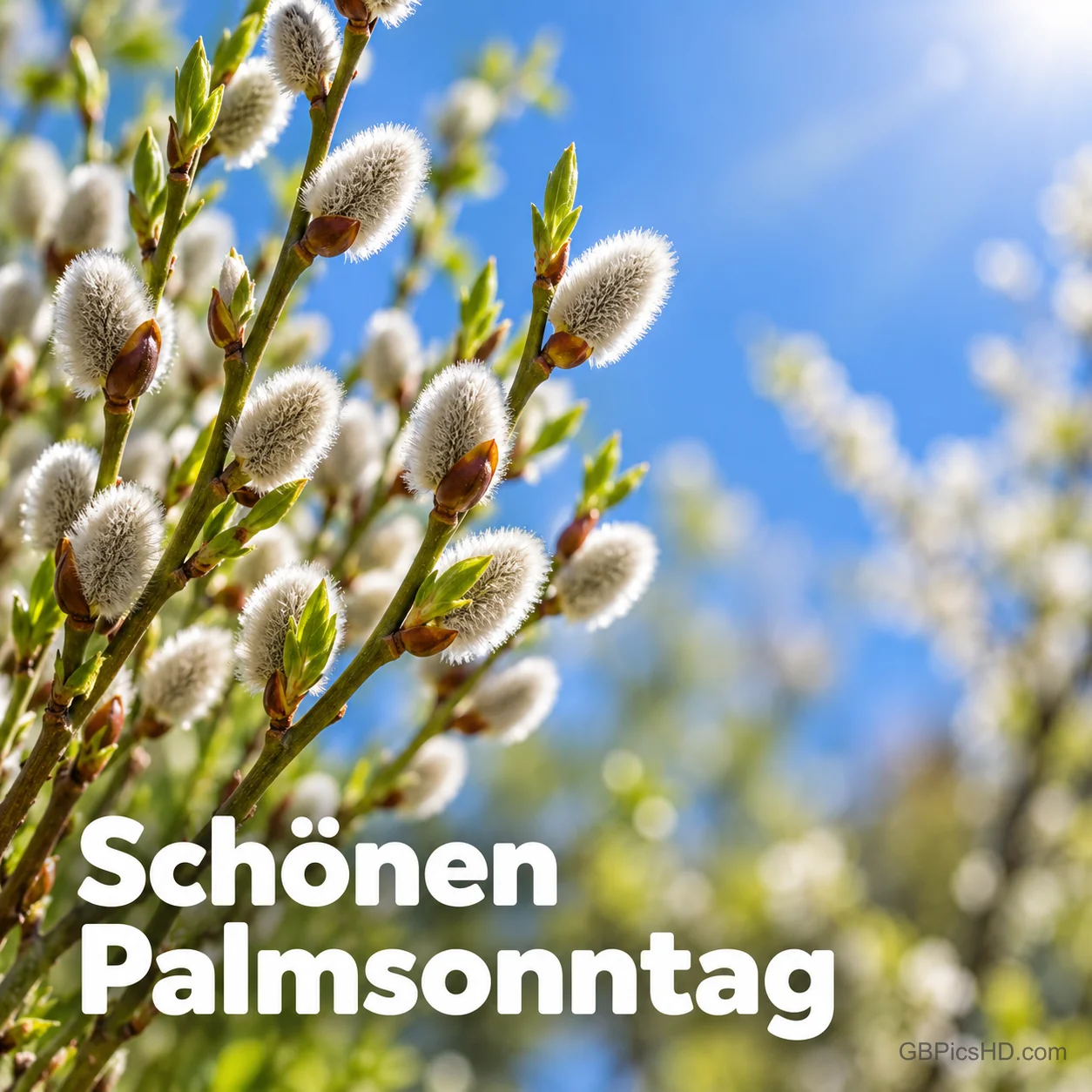 Zweige mit silbrigen Palmkätzchen vor strahlend blauem Himmel, dazu in weißer Schrift "Schönen Palmsonntag". Zweige mit silbrigen Palmkätzchen vor strahlend blauem Himmel, dazu in weißer Schrift "Schönen Palmsonntag".