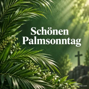Üppige grüne Palmwedel im Sonnenlicht mit einem Steinkreuz im Hintergrund, dazu der Gruß "Schönen Palmsonntag".