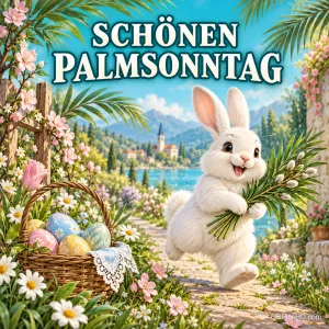 Fröhliches weißes Häschen hüpft mit einem Strauß Palmzweige und Palmkätzchen über einen Blumenweg am See, darüber "Schönen Palmsonntag".