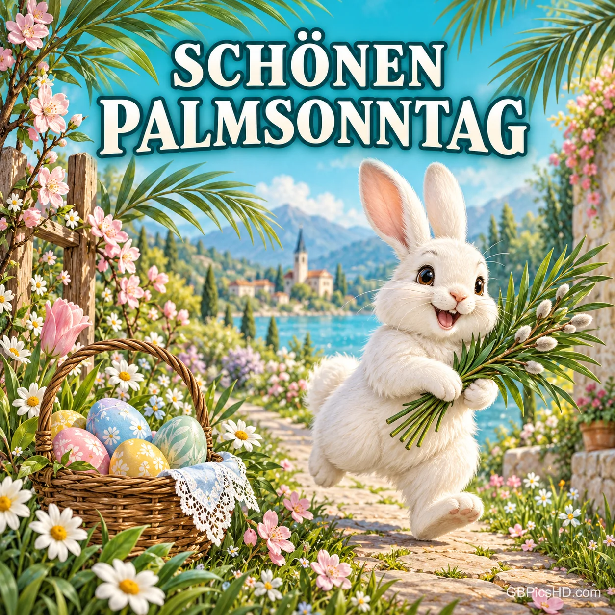 Fröhliches weißes Häschen hüpft mit einem Strauß Palmzweige und Palmkätzchen über einen Blumenweg am See, darüber "Schönen Palmsonntag". Fröhliches weißes Häschen hüpft mit einem Strauß Palmzweige und Palmkätzchen über einen Blumenweg am See, darüber "Schönen Palmsonntag".