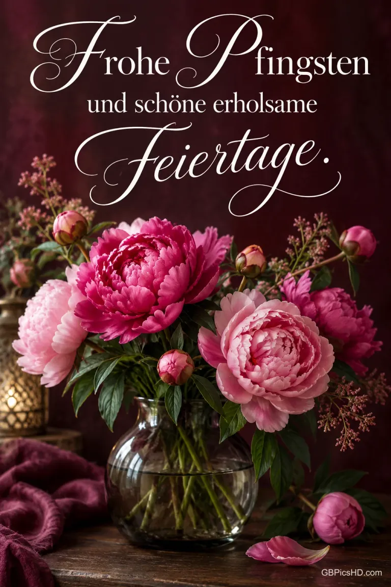 Rosa Pfingstrosen stehen in einer Glasvase vor einem dunkelroten Hintergrund, darüber "Frohe Pfingsten und schöne erholsame Feiertage.".