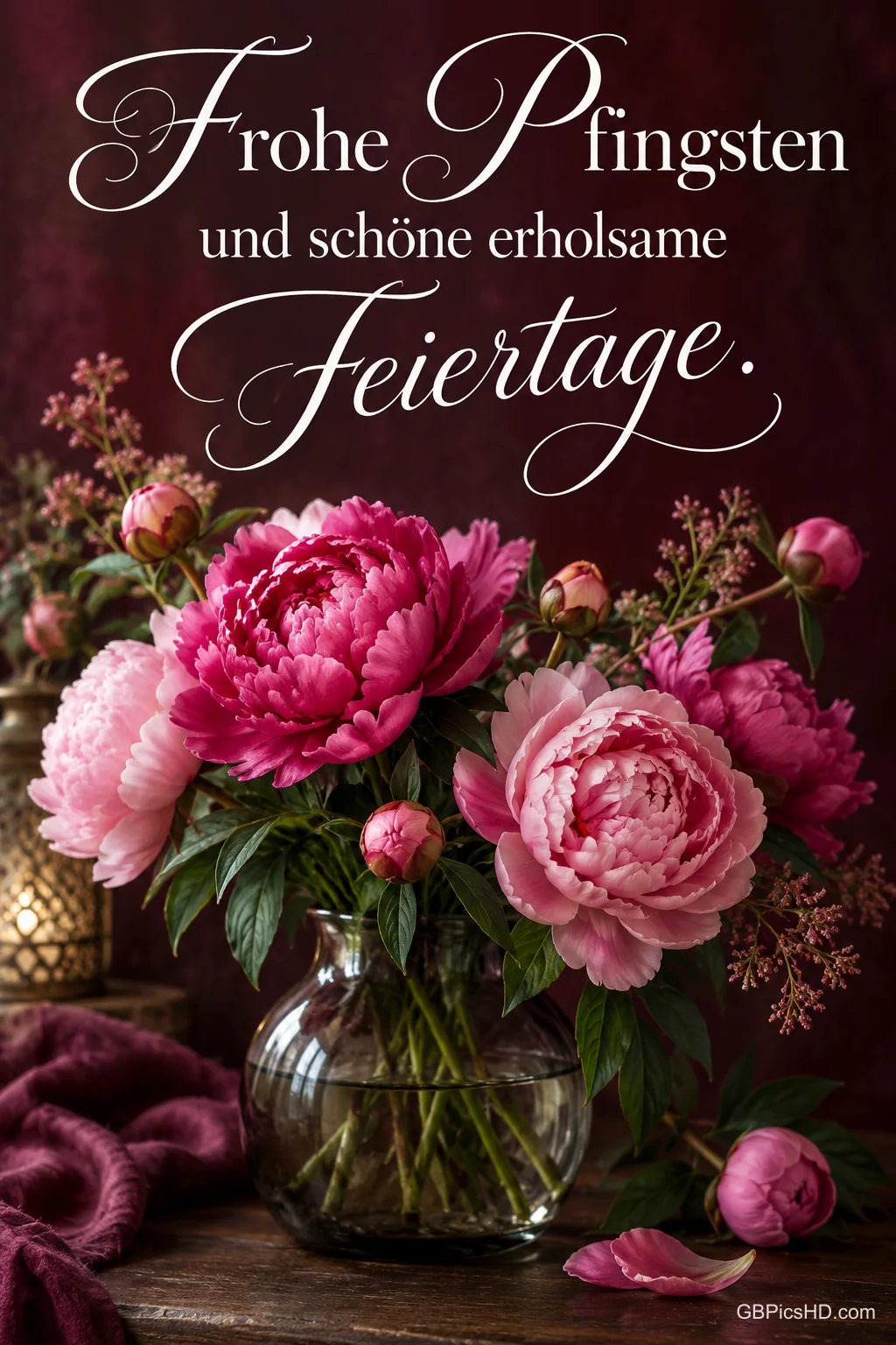 Rosa Pfingstrosen stehen in einer Glasvase vor einem dunkelroten Hintergrund, darüber "Frohe Pfingsten und schöne erholsame Feiertage.".