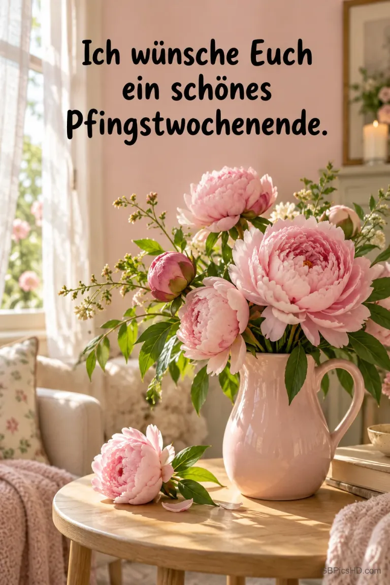 Rosa Pfingstrosen stehen in einer Kanne auf einem Holztisch unter dem Gruß "Ich wünsche Euch ein schönes Pfingstwochenende."