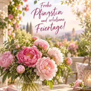 Rosa Pfingstrosen in einer Glasvase auf einer sonnigen Terrasse mit "Frohe Pfingsten und erholsame Feiertage!".