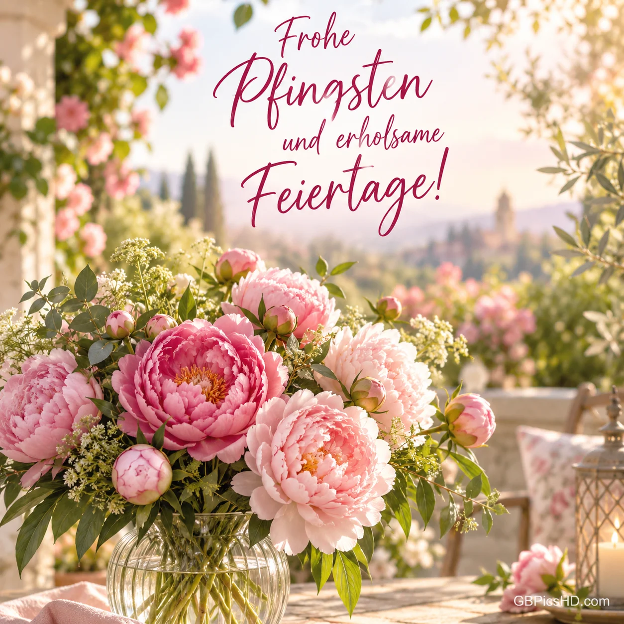 Rosa Pfingstrosen in einer Glasvase auf einer sonnigen Terrasse mit "Frohe Pfingsten und erholsame Feiertage!".