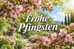 Blühende rosa Zweige rahmen einen sonnigen Gartenweg und den Gruß "Frohe Pfingsten".