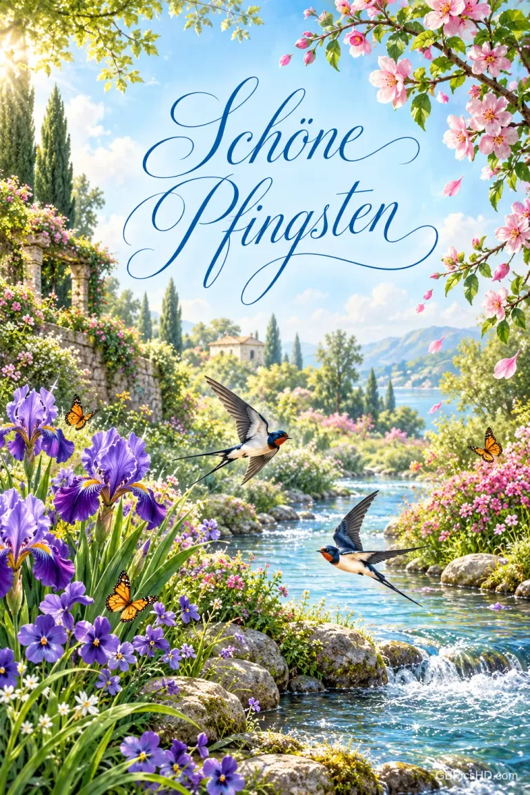 Zwei Schwalben fliegen über einen blumenreichen Bach unter dem Schriftzug "Schöne Pfingsten".