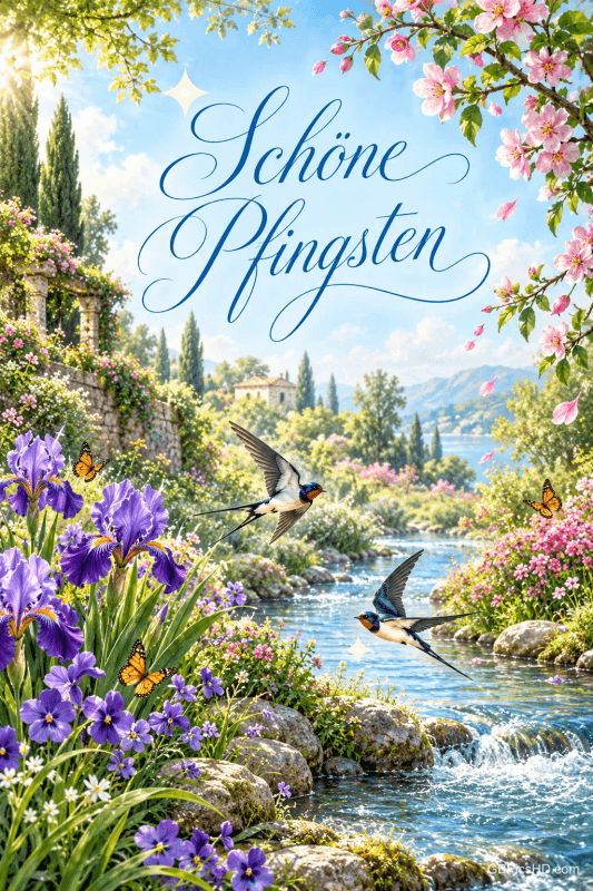 Zwei Schwalben fliegen über einen blumenreichen Bach unter dem Schriftzug "Schöne Pfingsten".
