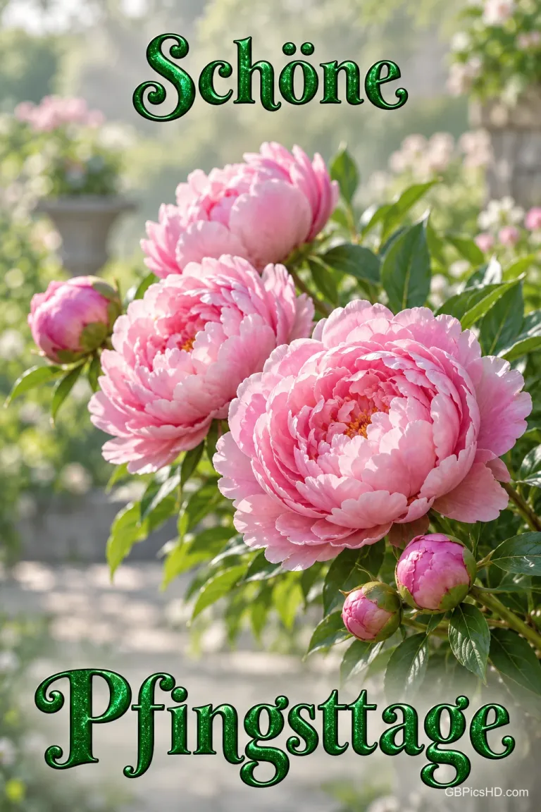 Rosa Pfingstrosen und Knospen im Garten mit dem grünen Schriftzug "Schöne Pfingsttage".