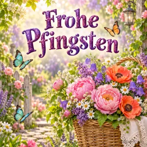 Ein Blumenkorb und drei Schmetterlinge schmücken einen Garten mit dem Gruß "Frohe Pfingsten".