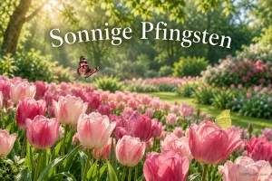 Über rosa Tulpen und zwei Schmetterlingen im sonnigen Garten steht "Sonnige Pfingsten".
