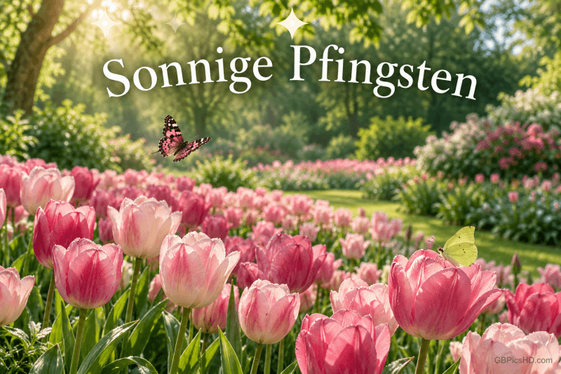 Über rosa Tulpen und zwei Schmetterlingen im sonnigen Garten steht "Sonnige Pfingsten".