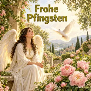 Ein Engel sitzt neben rosa Pfingstrosen, während eine weiße Taube unter dem Gruß "Frohe Pfingsten" fliegt.