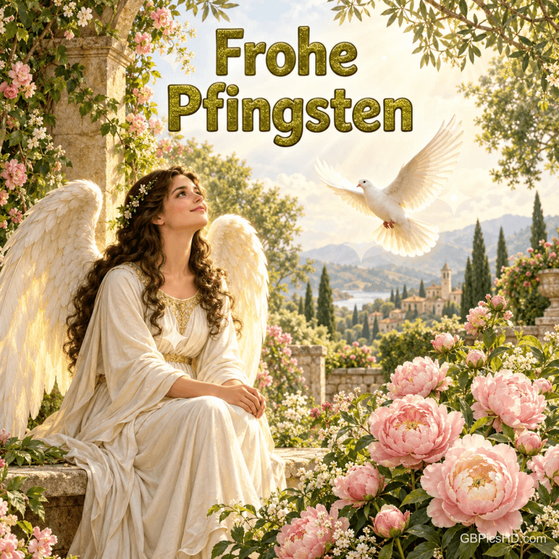Ein Engel sitzt neben rosa Pfingstrosen, während eine weiße Taube unter dem Gruß "Frohe Pfingsten" fliegt.