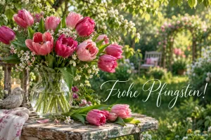 Rosa Tulpen in einer Glasvase auf einem Gartentisch neben einer Laterne mit "Frohe Pfingsten!".