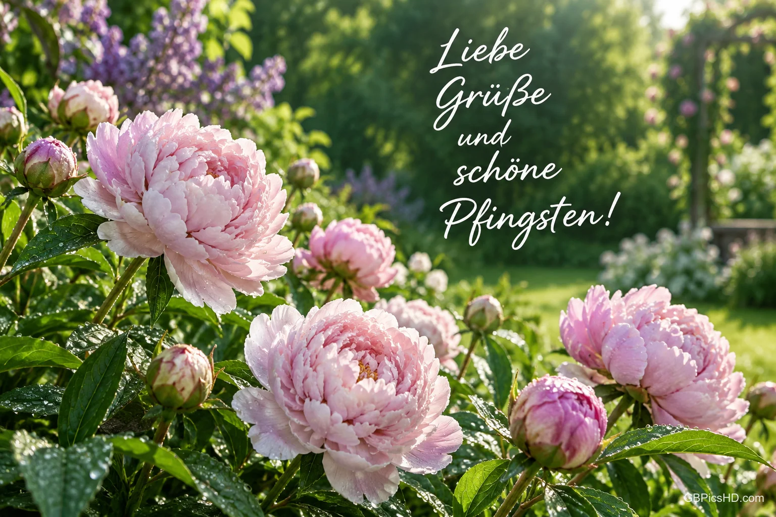 Rosa Pfingstrosen blühen im Garten neben dem Gruß "Liebe Grüße und schöne Pfingsten!".