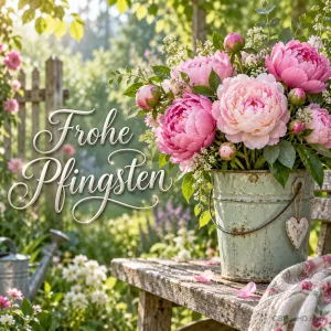 Rosa Pfingstrosen stehen in einem grünen Metalleimer auf einem Holztisch neben dem Gruß "Frohe Pfingsten".