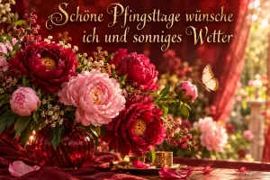 Rote und rosa Pfingstrosen, ein Schmetterling und roter Samt mit "Schöne Pfingsttage wünsche ich und sonniges Wetter".