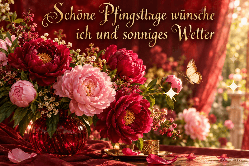 Rote und rosa Pfingstrosen, ein Schmetterling und roter Samt mit "Schöne Pfingsttage wünsche ich und sonniges Wetter". Rote und rosa Pfingstrosen, ein Schmetterling und roter Samt mit "Schöne Pfingsttage wünsche ich und sonniges Wetter".