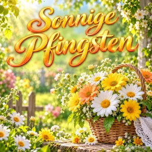 Ein Korb mit weißen, gelben und orangefarbenen Blüten steht im sonnigen Garten unter dem Gruß "Sonnige Pfingsten".