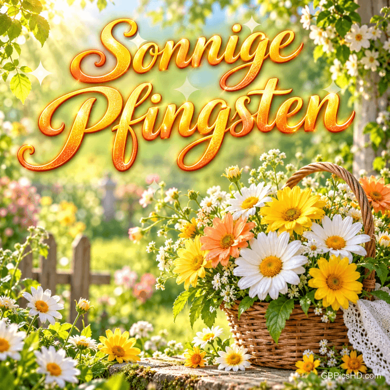 Ein Korb mit weißen, gelben und orangefarbenen Blüten steht im sonnigen Garten unter dem Gruß "Sonnige Pfingsten".