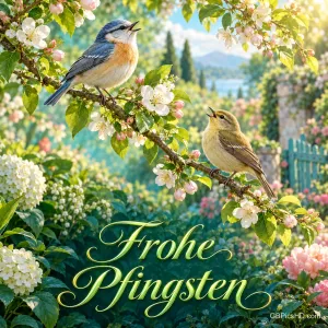 Zwei Vögel auf einem blühenden Zweig in einem sonnigen Garten mit dem Schriftzug "Frohe Pfingsten".