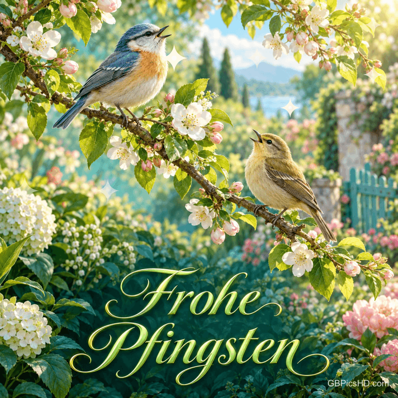 Zwei Vögel auf einem blühenden Zweig in einem sonnigen Garten mit dem Schriftzug "Frohe Pfingsten".