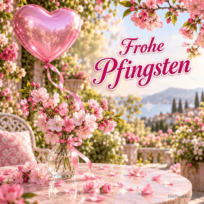 Ein rosa Herzballon schwebt über einer Vase mit rosa Blüten auf einem Gartentisch; rechts steht "Frohe Pfingsten".