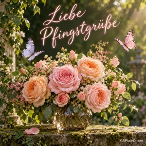 Rosa und apricotfarbene Rosen in einer Glasvase mit zwei Schmetterlingen und "Liebe Pfingstgrüße".