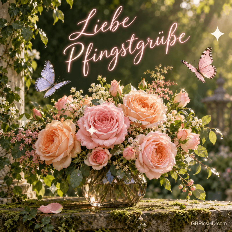 Rosa und apricotfarbene Rosen in einer Glasvase mit zwei Schmetterlingen und "Liebe Pfingstgrüße".